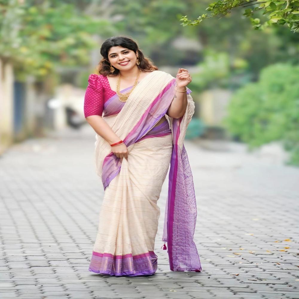 Mul Cotton zori strip Saree With BP White & Panaful