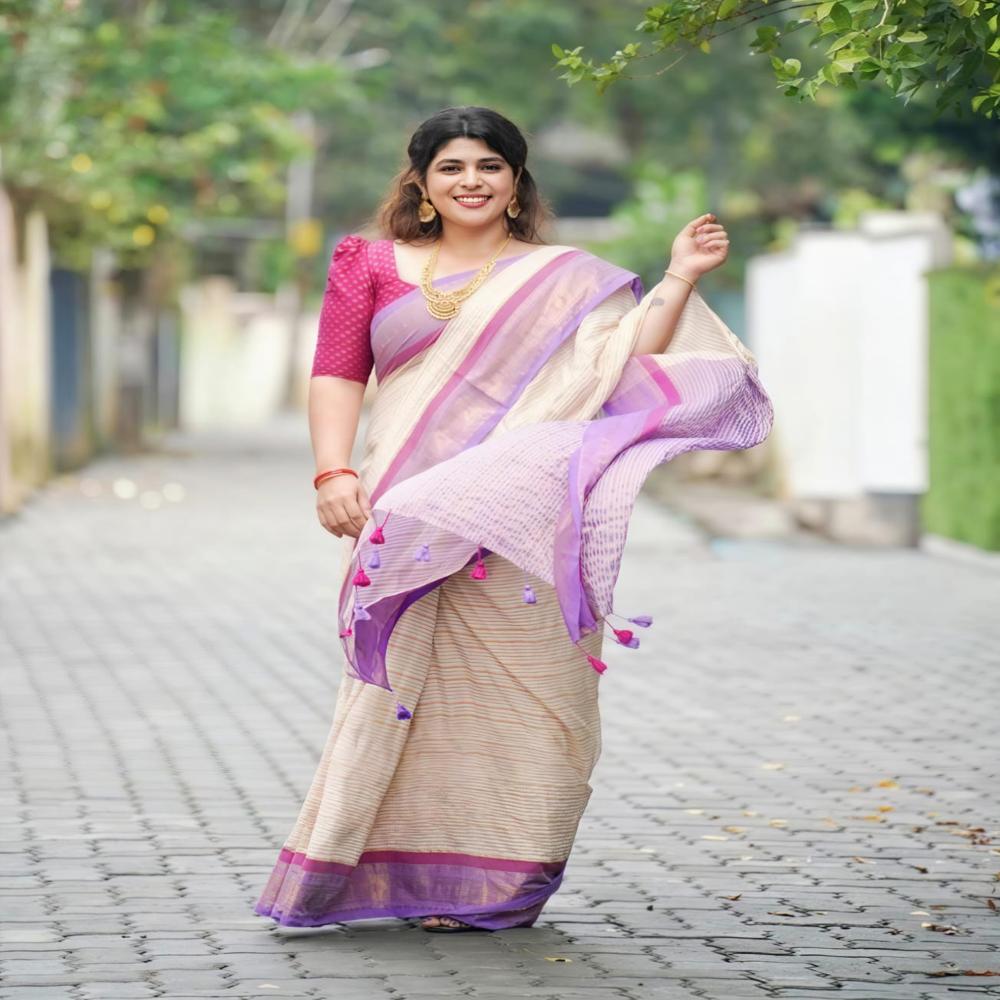 Mul Cotton zori strip Saree With BP White & Panaful