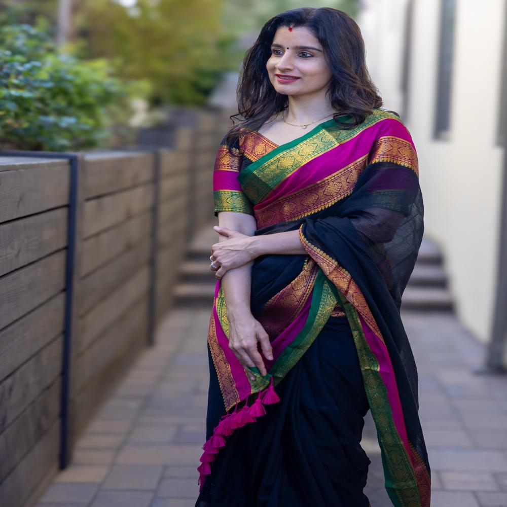 Mul Cotton Saree Black, Pink & Green - Color: Black