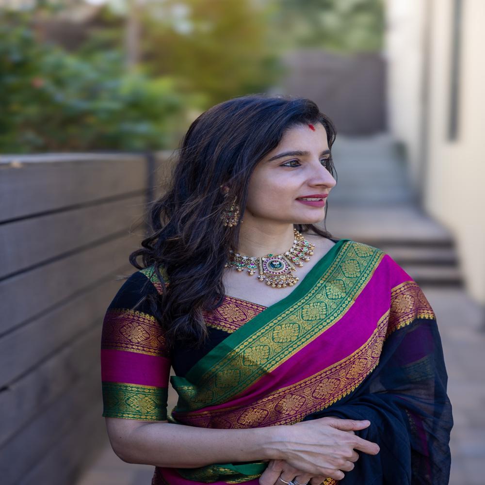 Mul Cotton Saree Black, Pink & Green