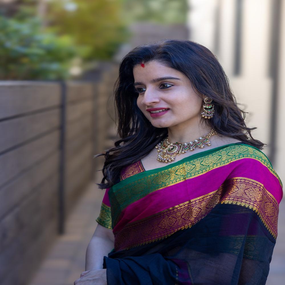 Mul Cotton Saree Black, Pink & Green