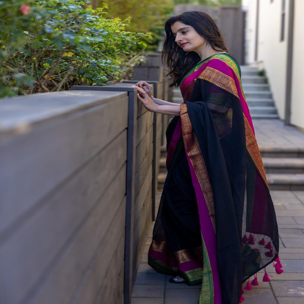 Mul Cotton Saree Black, Pink & Green