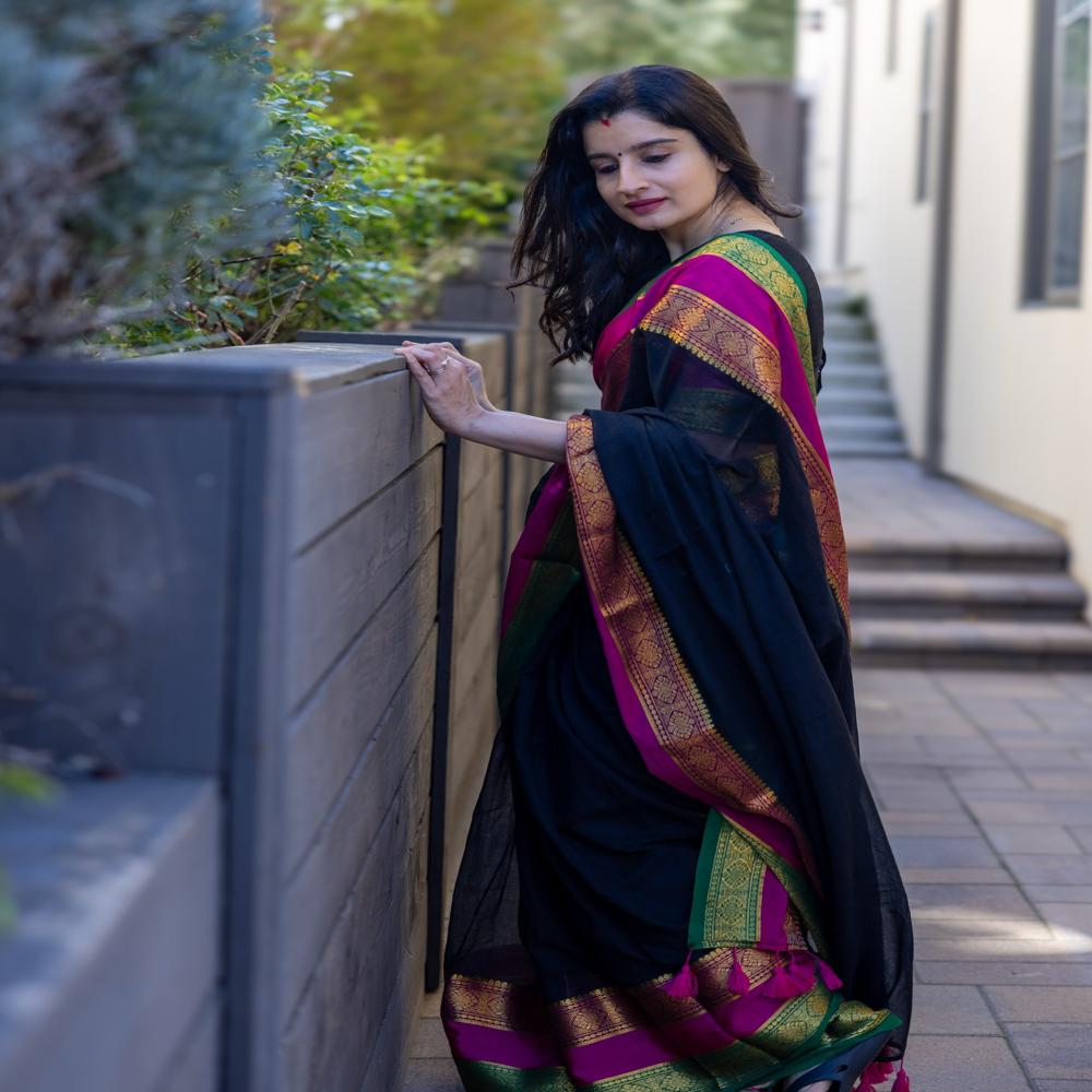 Mul Cotton Saree Black, Pink & Green