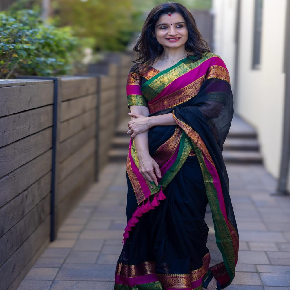 Mul Cotton Saree Black, Pink & Green