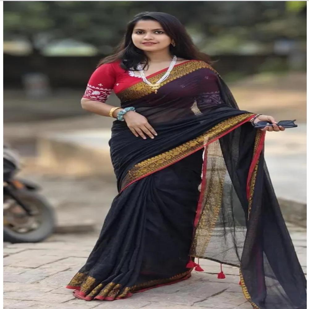 Mul Cotton Saree - Color: Black & Golden