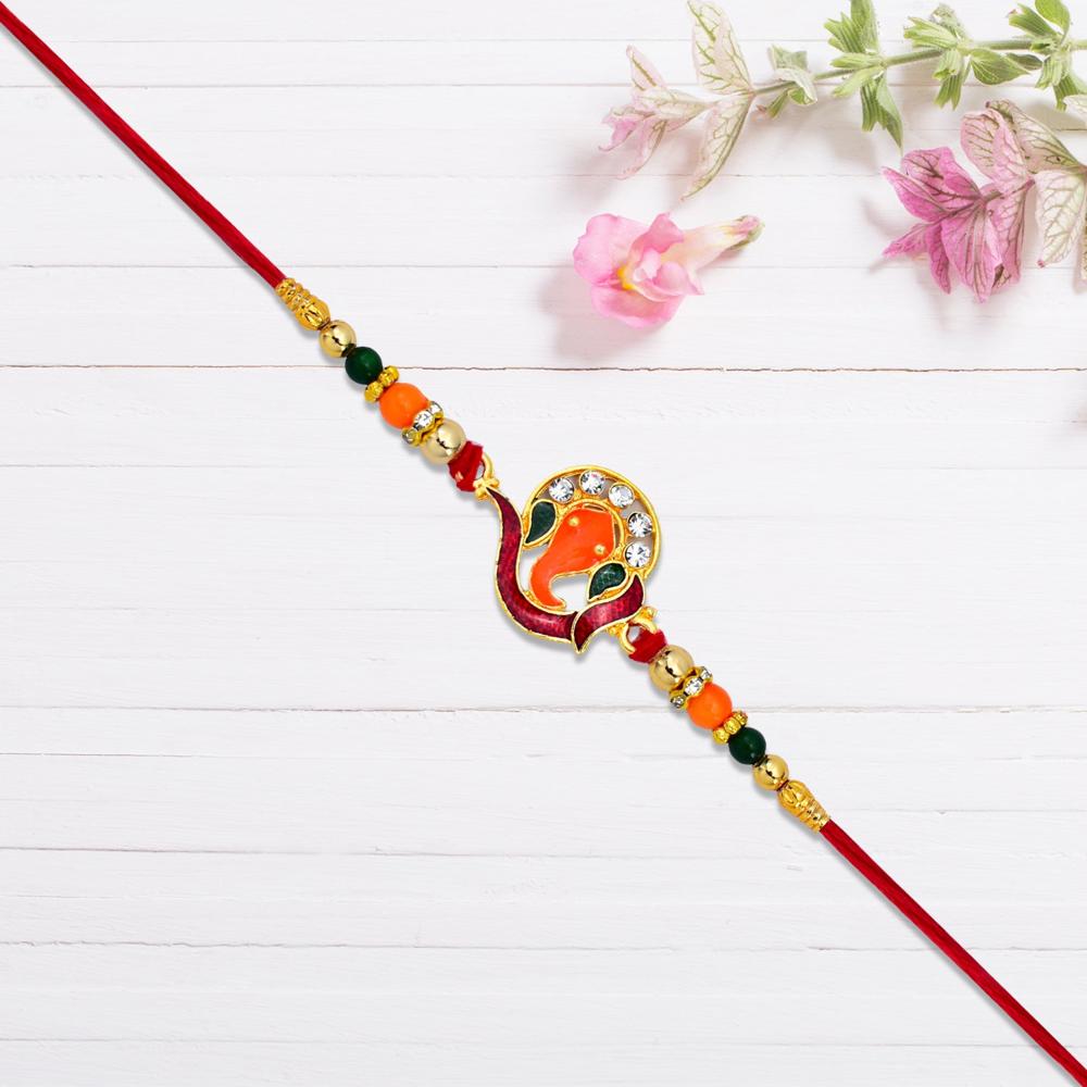 Golden Ganesha Rakhi Red Green Beads With Stone Detailing - Color: Mix