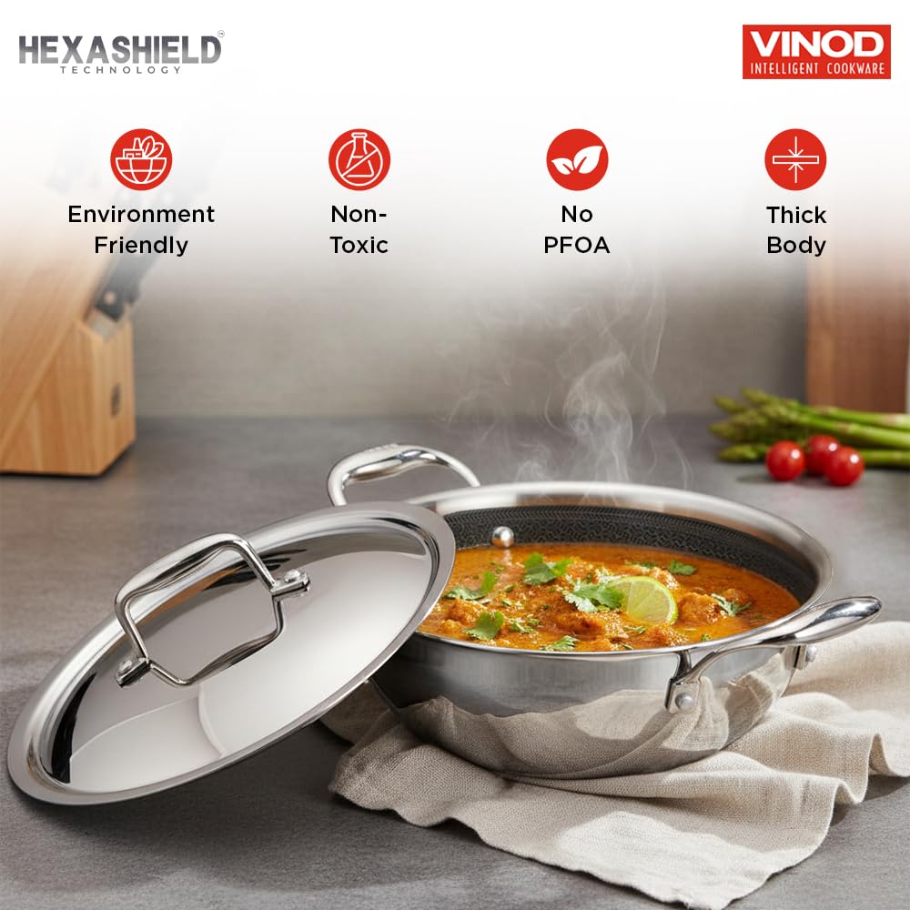 Vinod SAS Pro Platinum Triply Stainless Steel Hybrid Non Stick Kadai - 18 cm, 1.3 L | Hexa Design Stick-Resistant Surface | Metal Spatula Safe | Healthy Cooking | Induction & Gas Compatible