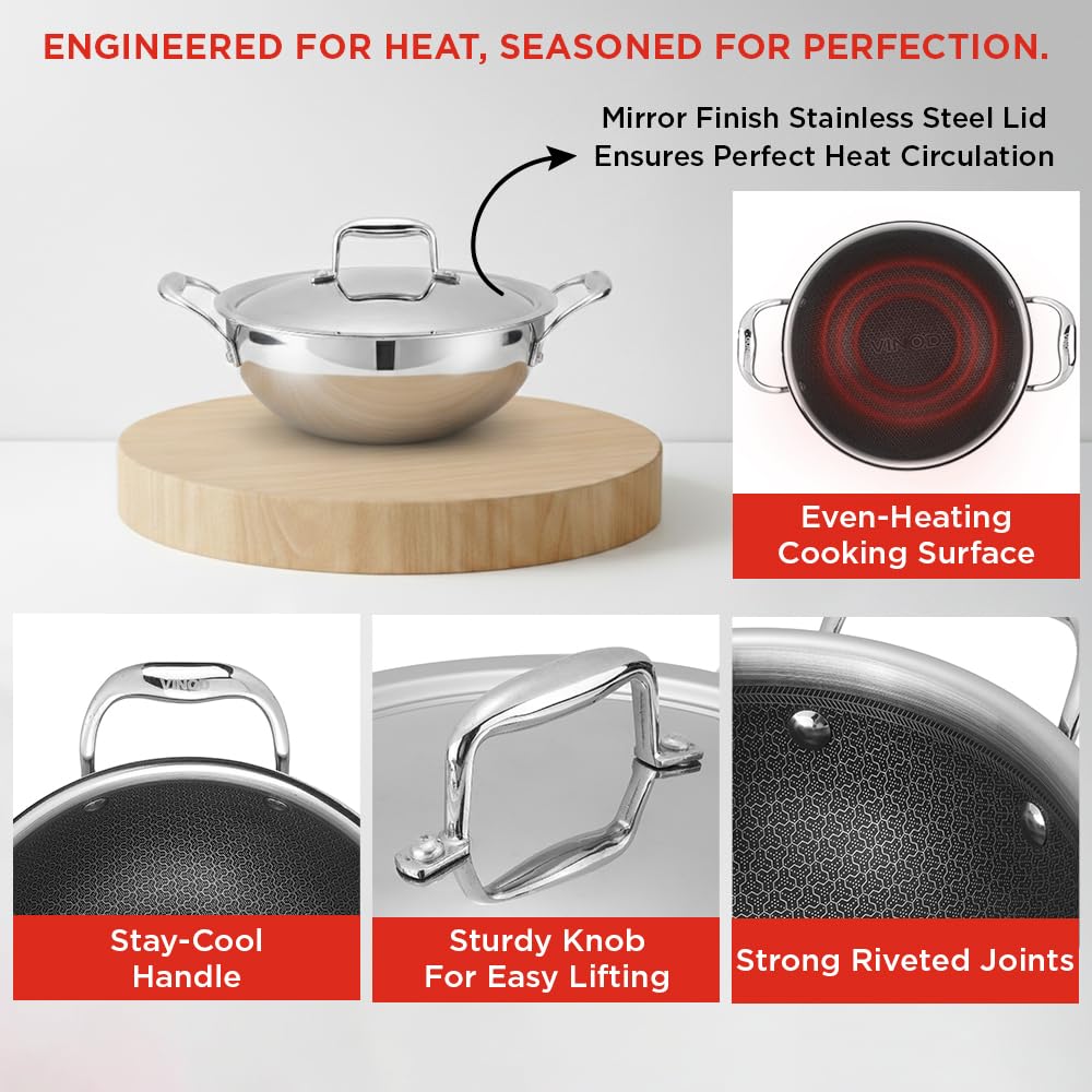 Vinod SAS Pro Platinum Triply Stainless Steel Hybrid Non Stick Kadai - 18 cm, 1.3 L | Hexa Design Stick-Resistant Surface | Metal Spatula Safe | Healthy Cooking | Induction & Gas Compatible