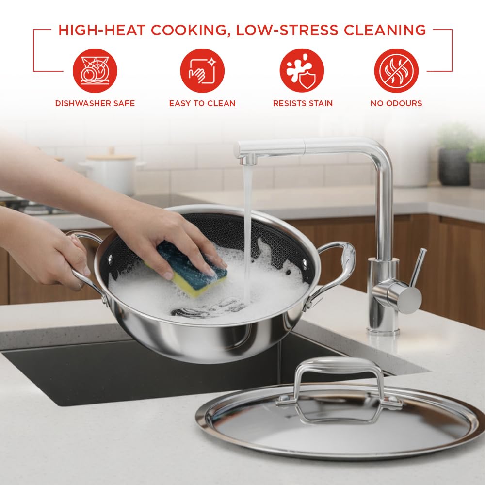 Vinod SAS Pro Platinum Triply Stainless Steel Hybrid Non Stick Kadai - 18 cm, 1.3 L | Hexa Design Stick-Resistant Surface | Metal Spatula Safe | Healthy Cooking | Induction & Gas Compatible