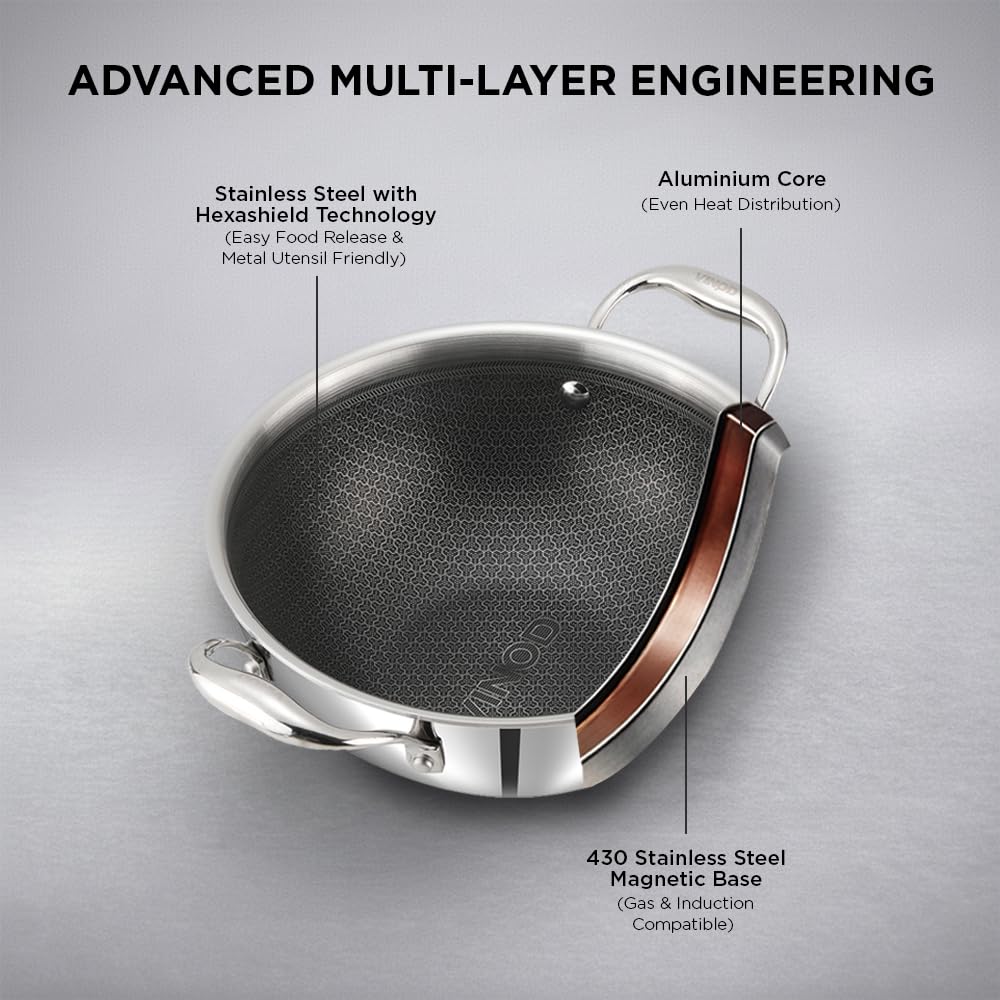 Vinod SAS Pro Platinum Triply Stainless Steel Hybrid Non Stick Kadai - 18 cm, 1.3 L | Hexa Design Stick-Resistant Surface | Metal Spatula Safe | Healthy Cooking | Induction & Gas Compatible