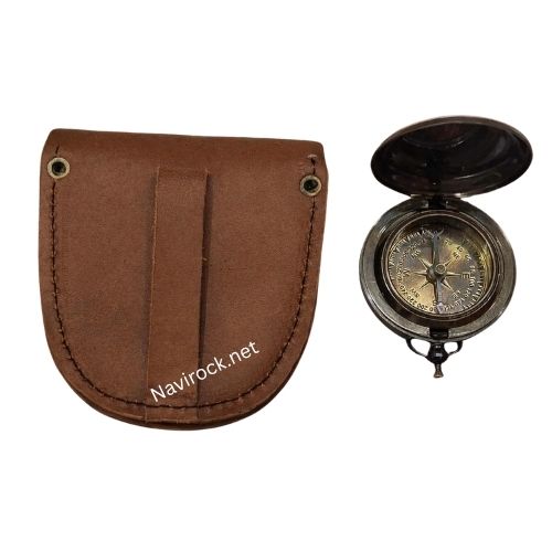 Brass Sundial Compass with Leather Case Push Open Compass