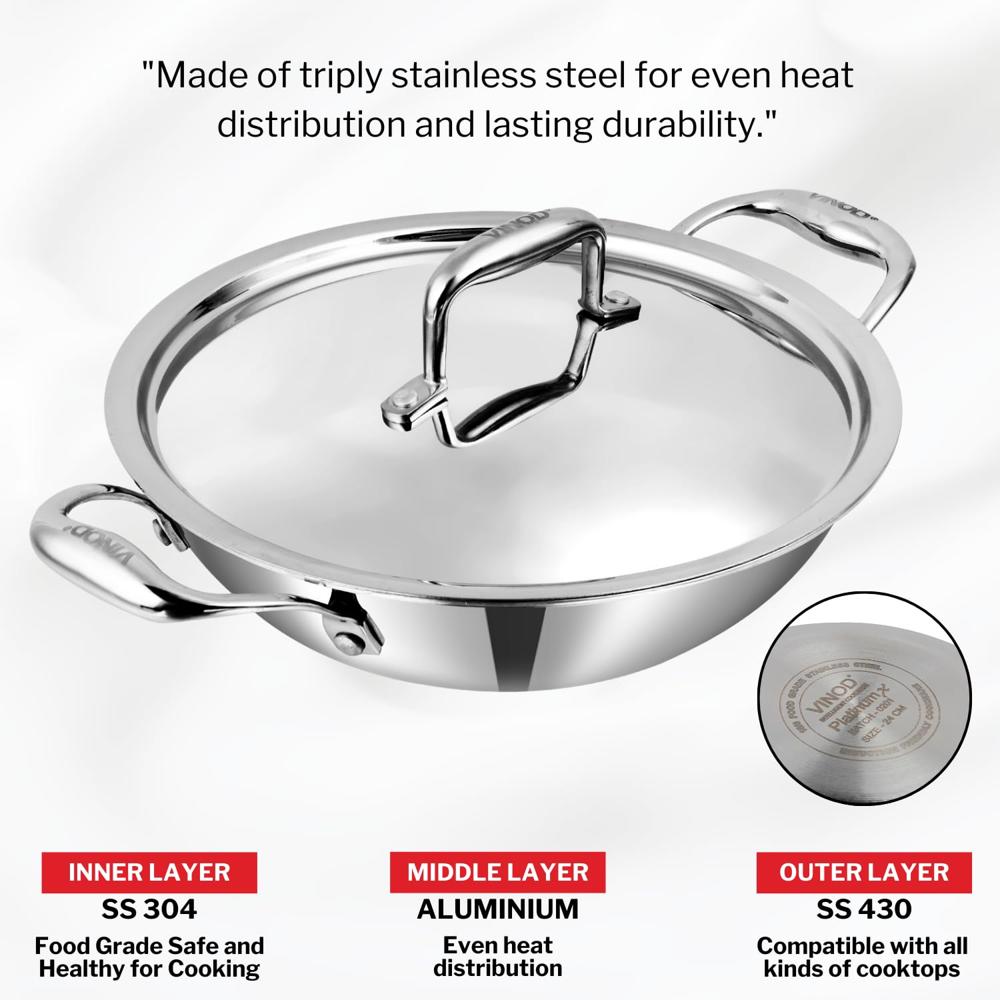 Vinod SAS Pro Platinum Triply Stainless Steel Extra Deep Kadai - 22 cm, 2.5 L | HexaShield Design Stick-Resistant Surface | Metal Spatula Safe | Healthy Cooking | Induction & Gas Base | PFOA Free
