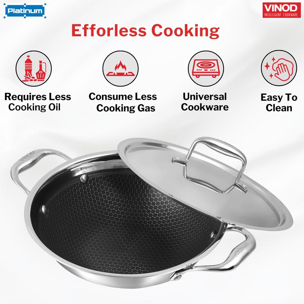 Vinod SAS Pro Platinum Triply Stainless Steel Extra Deep Kadai - 22 cm, 2.5 L | HexaShield Design Stick-Resistant Surface | Metal Spatula Safe | Healthy Cooking | Induction & Gas Base | PFOA Free