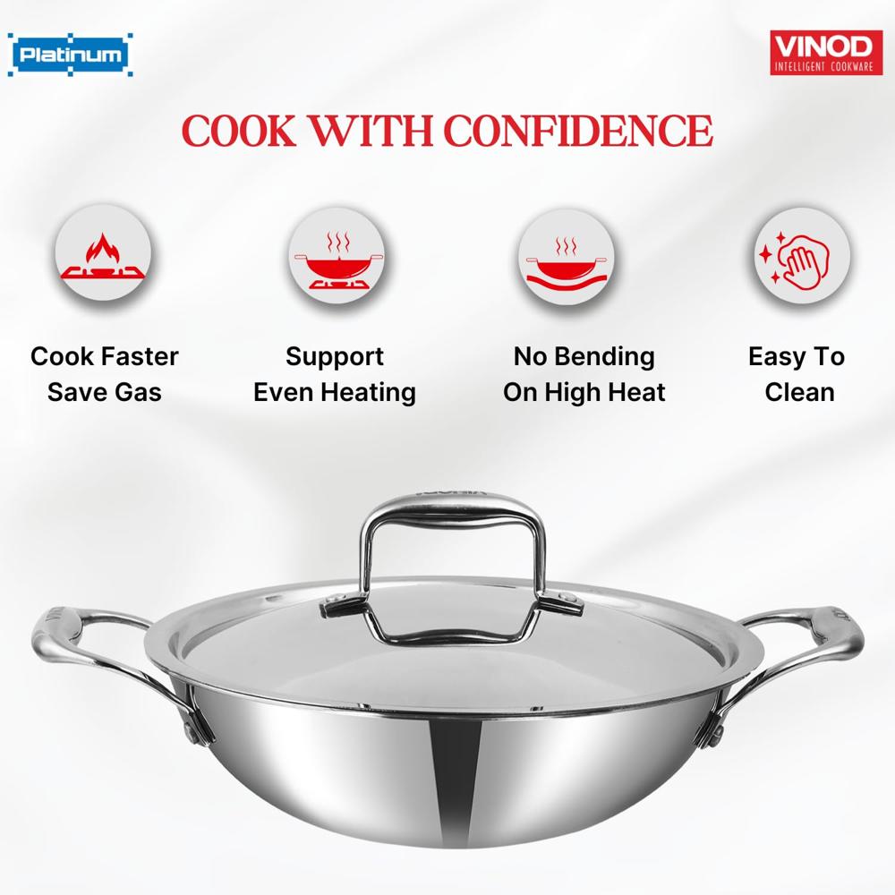 Vinod SAS Pro Platinum Triply Stainless Steel Extra Deep Kadai - 24 cm, 3.2 L | HexaShield Design Stick-Resistant Surface | Metal Spatula Safe | Healthy Cooking | Induction & Gas Base | PFOA Free