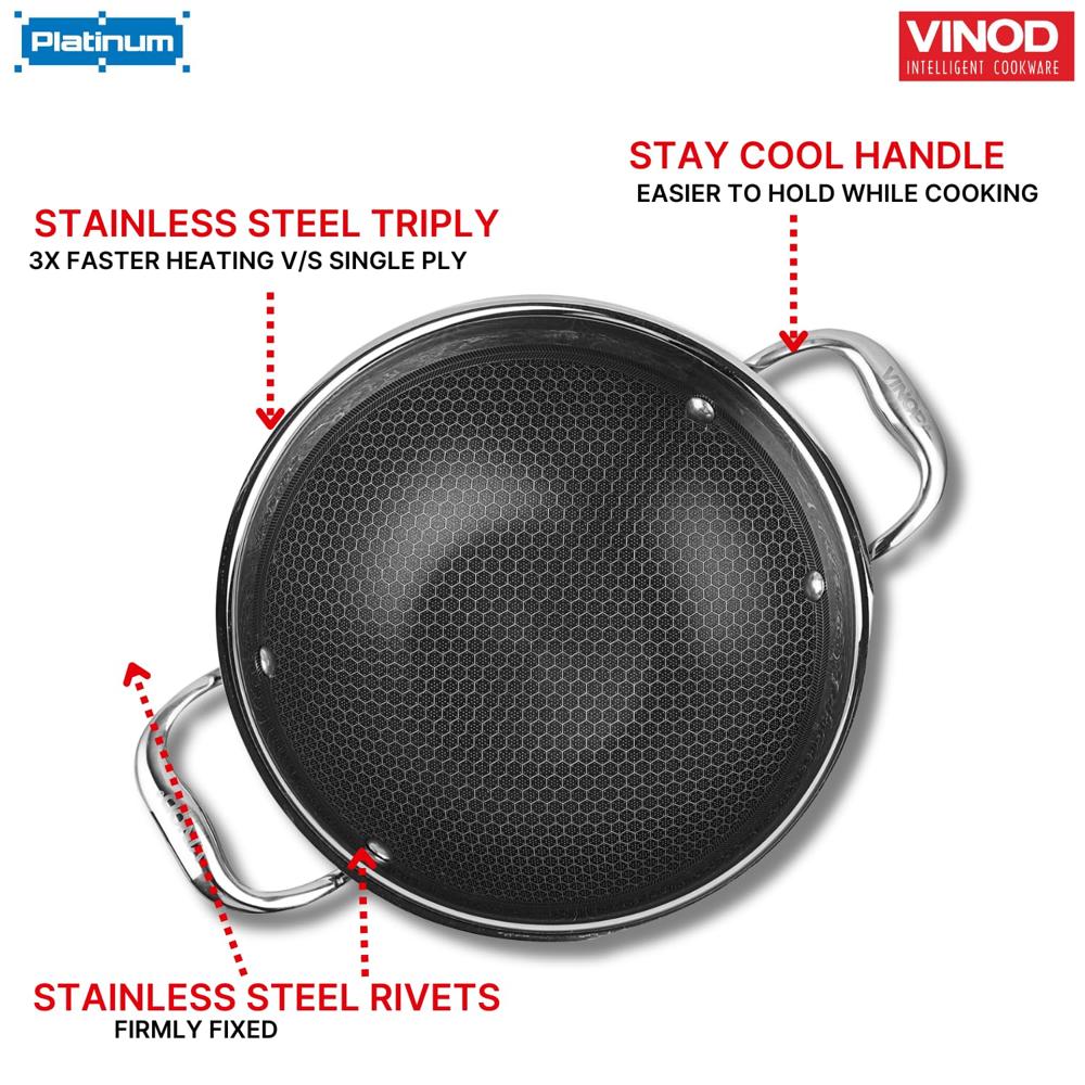 Vinod SAS Pro Platinum Triply Stainless Steel Extra Deep Kadai - 26 cm, 4.2 L | HexaShield Design Stick-Resistant Surface | Metal Spatula Safe | Healthy Cooking | Induction & Gas Base | PFOA Free