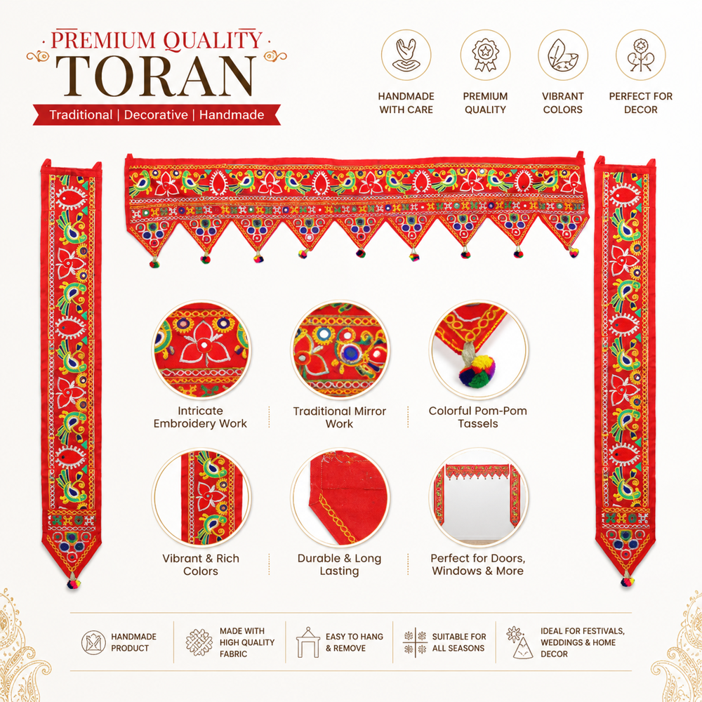 Krishna Handloom Gujarati Toran For Indian Home Decor D 12 - Color: Red