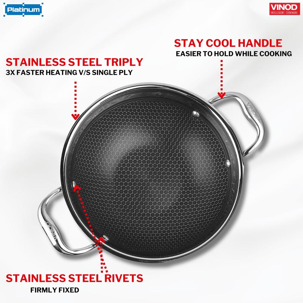 Vinod SAS Pro Platinum Triply Stainless Steel Extra Deep Kadai - 30 cm, 6 L | Hexa Shield Design Stick-Resistant Surface | Metal Spatula Safe | Healthy Cooking | Induction & Gas Base | PFOA Free