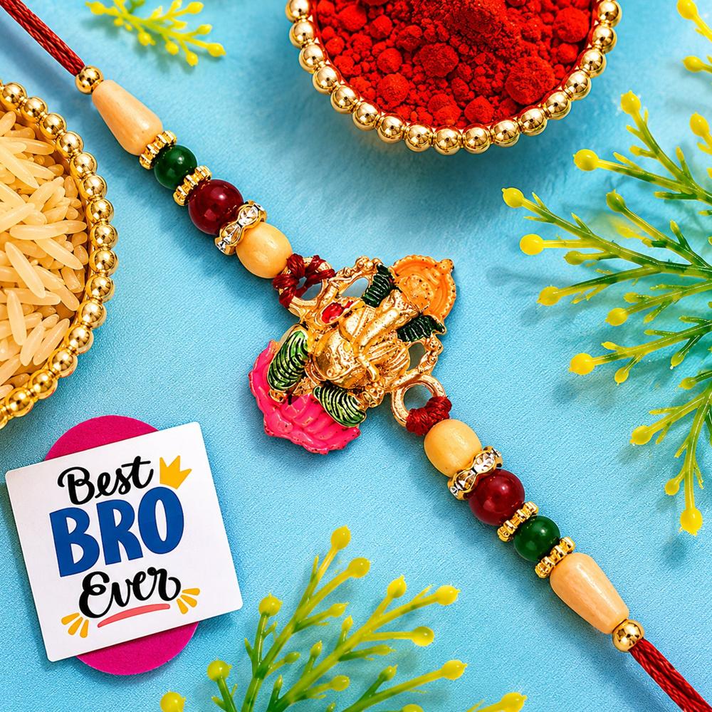 Ganesha Rakhi Traditional Wooden Beads With Colorful Accents - Color: Mix