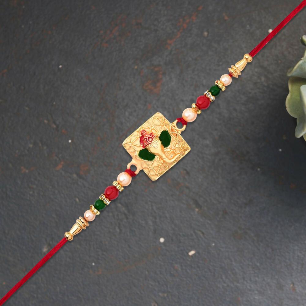 Golden Ganpati Rakhi Red Green Beads With Enamel Detailing - Color: Mix