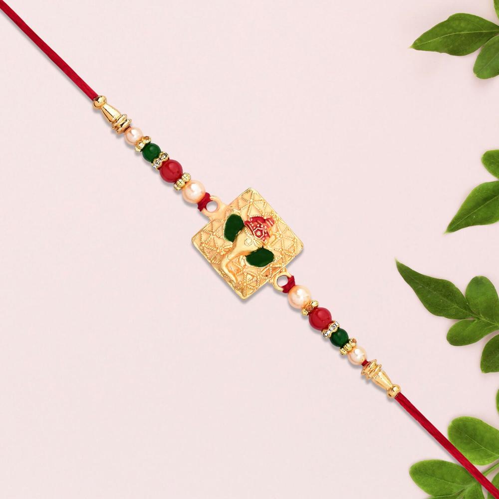Golden Ganpati Rakhi Red Green Beads with Enamel Detailing