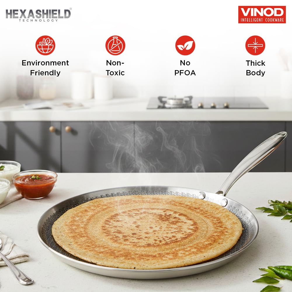 Vinod SAS Pro Platinum Triply Stainless Steel Hybrid Non Stick Dosa Tawa - 28 cm | 4 mm Thick | HexaShield Design Stick-Resistant Surface | Metal Spatula Safe | Induction & Gas Compatible |