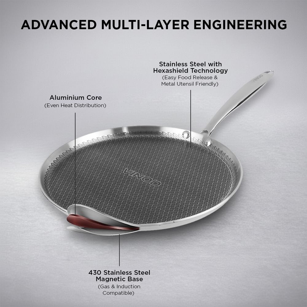 Vinod SAS Pro Platinum Triply Stainless Steel Hybrid Non Stick Dosa Tawa - 28 cm | 4 mm Thick | HexaShield Design Stick-Resistant Surface | Metal Spatula Safe | Induction & Gas Compatible |