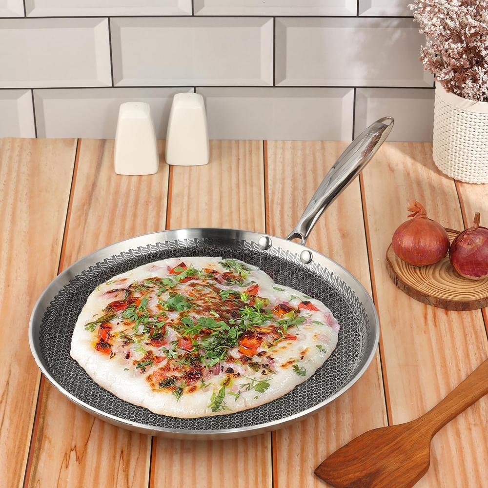 Vinod SAS Pro Platinum Triply Stainless Steel Hybrid Non Stick Dosa Tawa - 28 cm | 4 mm Thick | HexaShield Design Stick-Resistant Surface | Metal Spatula Safe | Induction & Gas Compatible |