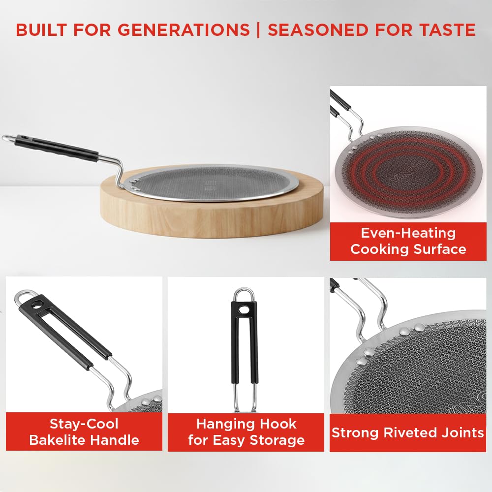 Vinod SAS Pro Platinum Triply Stainless Steel Hybrid Tawa 25 cm | 4 mm Thick | HexaShield Design Stick-Resistant Surface | Metal Spatula Safe | Induction Compatible | Roti, Paratha Tawa | PFOA Free