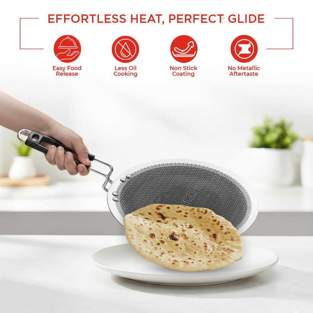 Vinod SAS Pro Platinum Triply Stainless Steel Hybrid Tawa 25 cm | 4 mm Thick | HexaShield Design Stick-Resistant Surface | Metal Spatula Safe | Induction Compatible | Roti, Paratha Tawa | PFOA Free