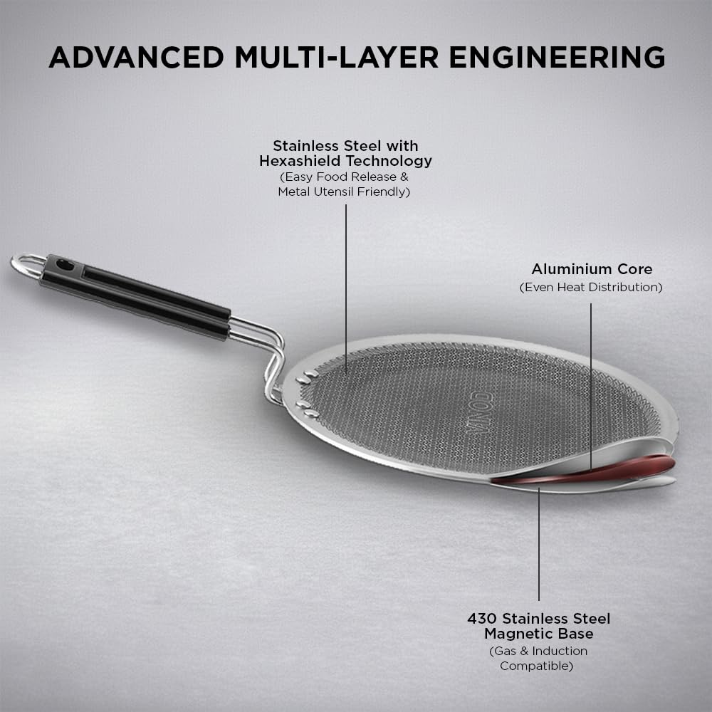 Vinod SAS Pro Platinum Triply Stainless Steel Hybrid Tawa 25 cm | 4 mm Thick | HexaShield Design Stick-Resistant Surface | Metal Spatula Safe | Induction Compatible | Roti, Paratha Tawa | PFOA Free