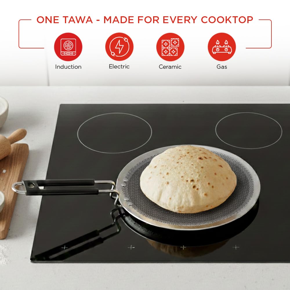 Vinod SAS Pro Platinum Triply Stainless Steel Hybrid Tawa 25 cm | 4 mm Thick | HexaShield Design Stick-Resistant Surface | Metal Spatula Safe | Induction Compatible | Roti, Paratha Tawa | PFOA Free