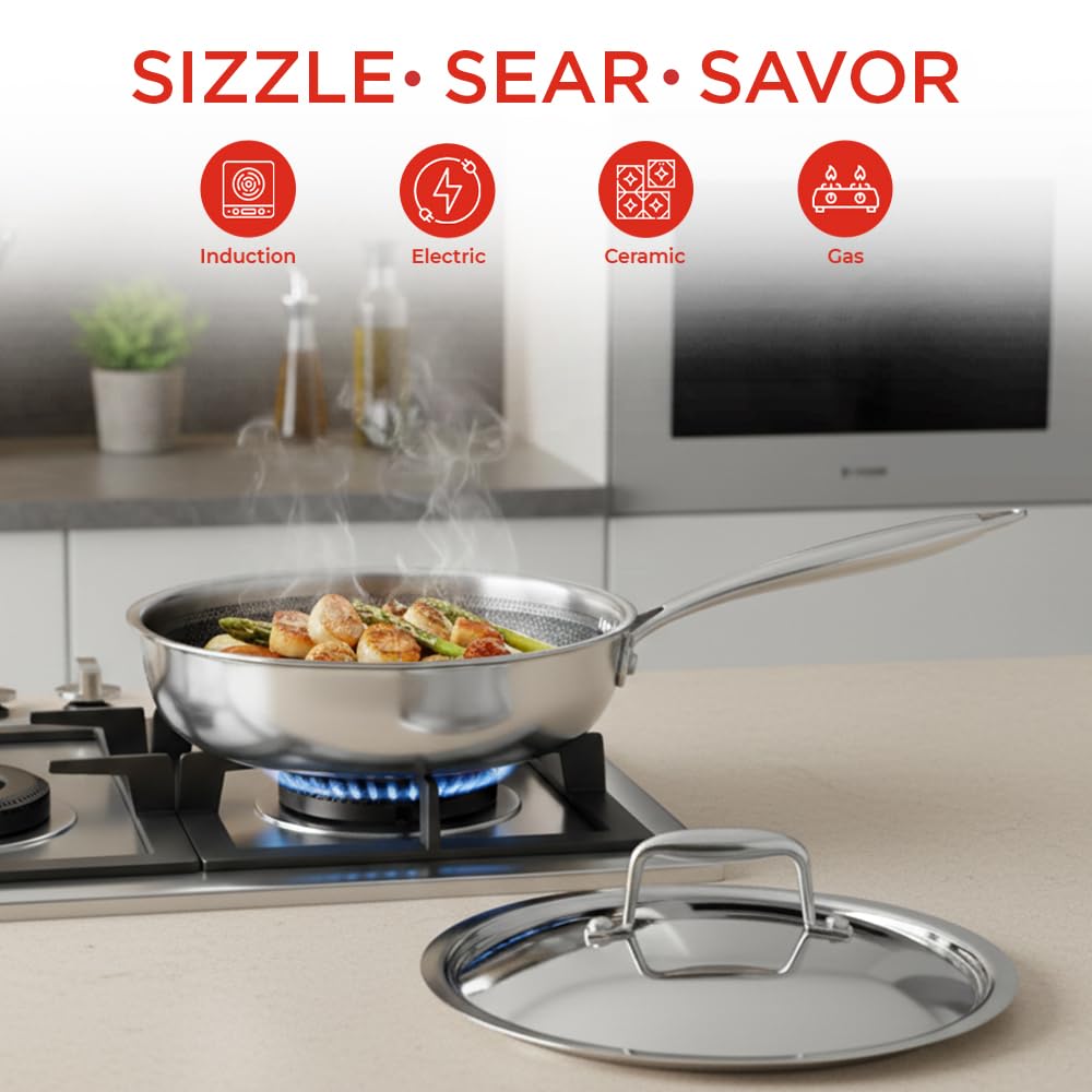 Vinod SAS Pro Platinum Triply Hybrid Non Stick Saute Pan with Lid, (20cm) | Durable Stick Free Cooking Surface | for Curry, Stir Fry, Deep Fry, Sauteing & Roasting | Induction & Gas Compatible 1.8 Ltr 