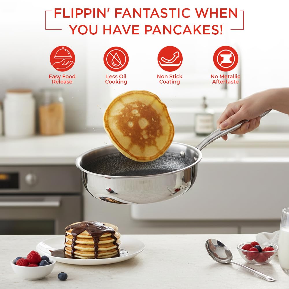 Vinod SAS Pro Platinum Triply Hybrid Non Stick Saute Pan with Lid, (20cm) | Durable Stick Free Cooking Surface | for Curry, Stir Fry, Deep Fry, Sauteing & Roasting | Induction & Gas Compatible 1.8 Ltr 