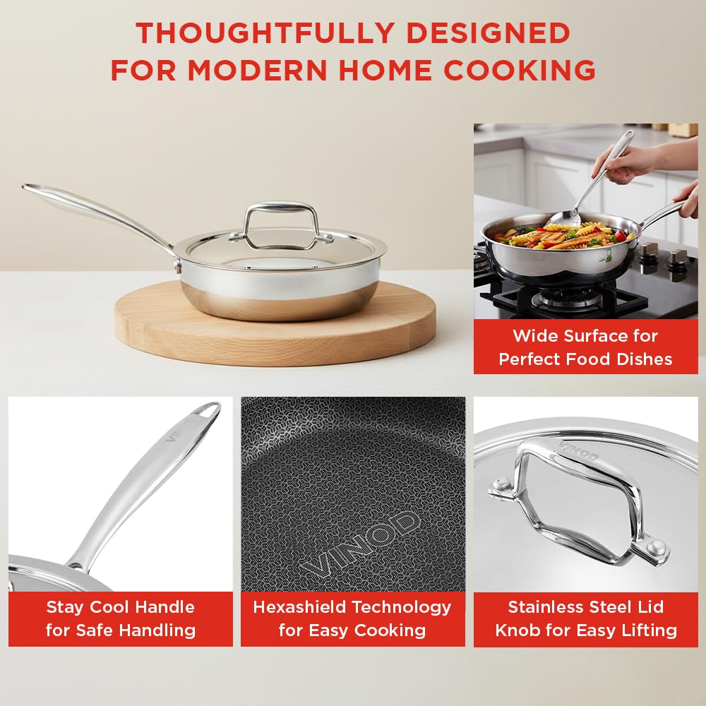 Vinod SAS Pro Platinum Triply Hybrid Non Stick Saute Pan with Lid, (20cm) | Durable Stick Free Cooking Surface | for Curry, Stir Fry, Deep Fry, Sauteing & Roasting | Induction & Gas Compatible 1.8 Ltr 