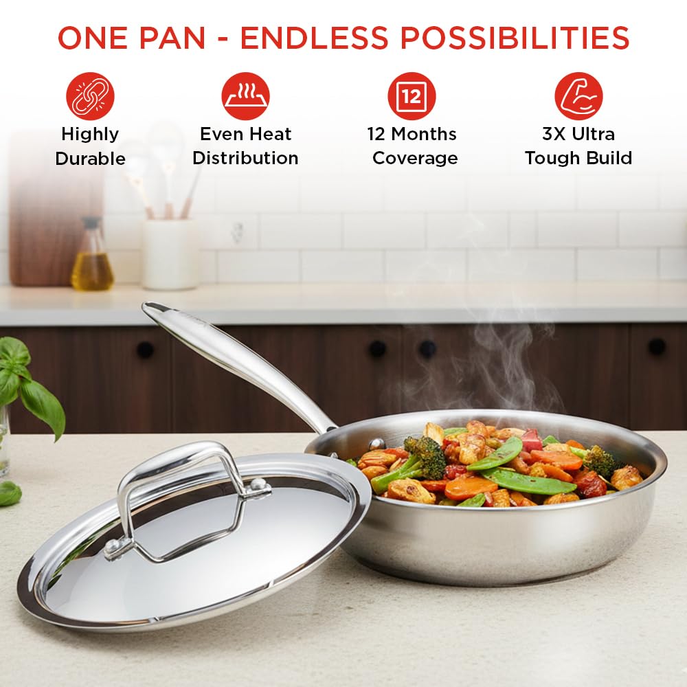 Vinod SAS Pro Platinum Triply Hybrid Non Stick Saute Pan with Lid, (20cm) | Durable Stick Free Cooking Surface | for Curry, Stir Fry, Deep Fry, Sauteing & Roasting | Induction & Gas Compatible 1.8 Ltr 
