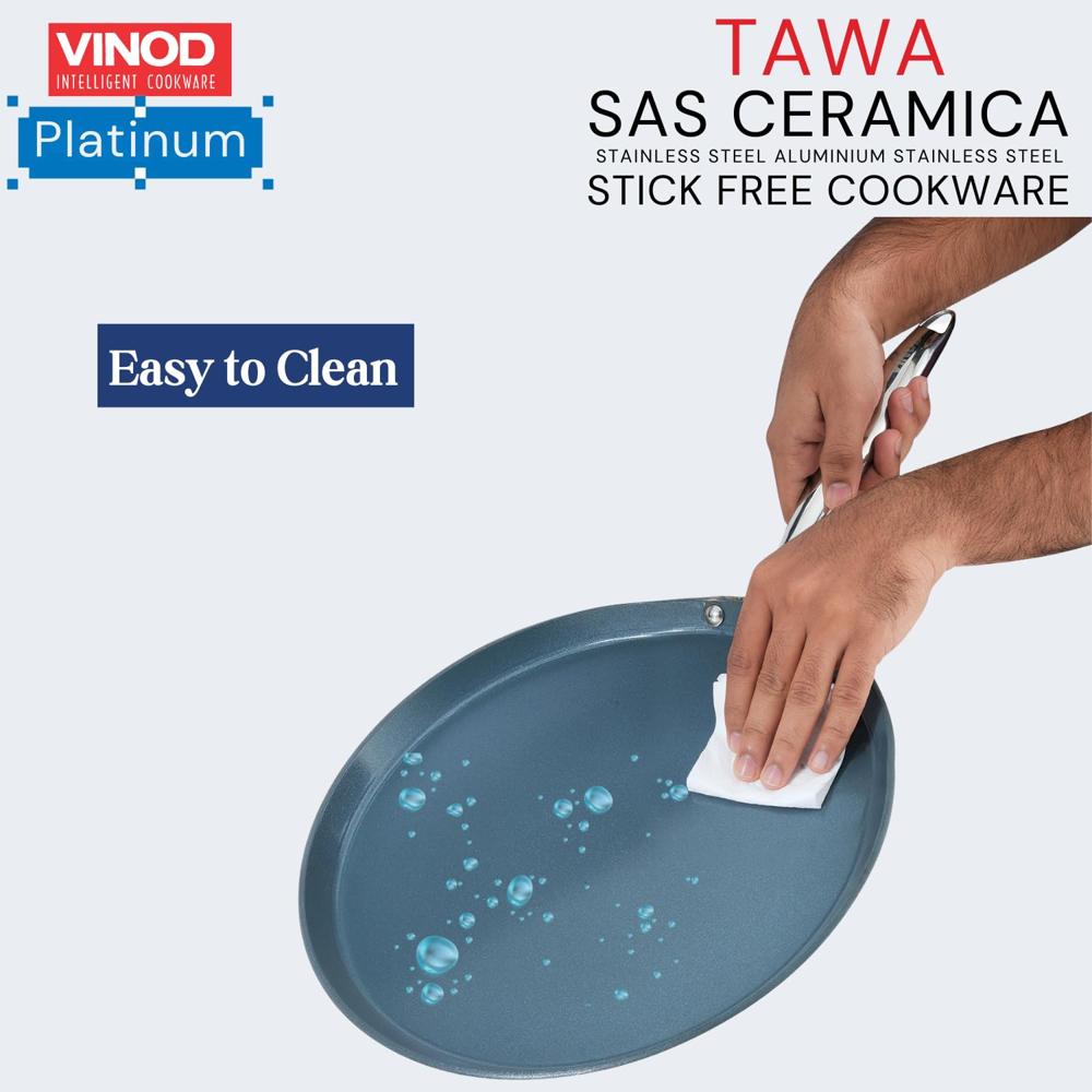 Vinod SAS Ceramic Platinum Triply Stainless Steel Non Stick Dosa Tawa - 28 cm | 4 mm Thick | Stick Free Coating | Metal Spatula Safe | Heat Resistant Handle | Induction & Gas Compatible | Toxin Free