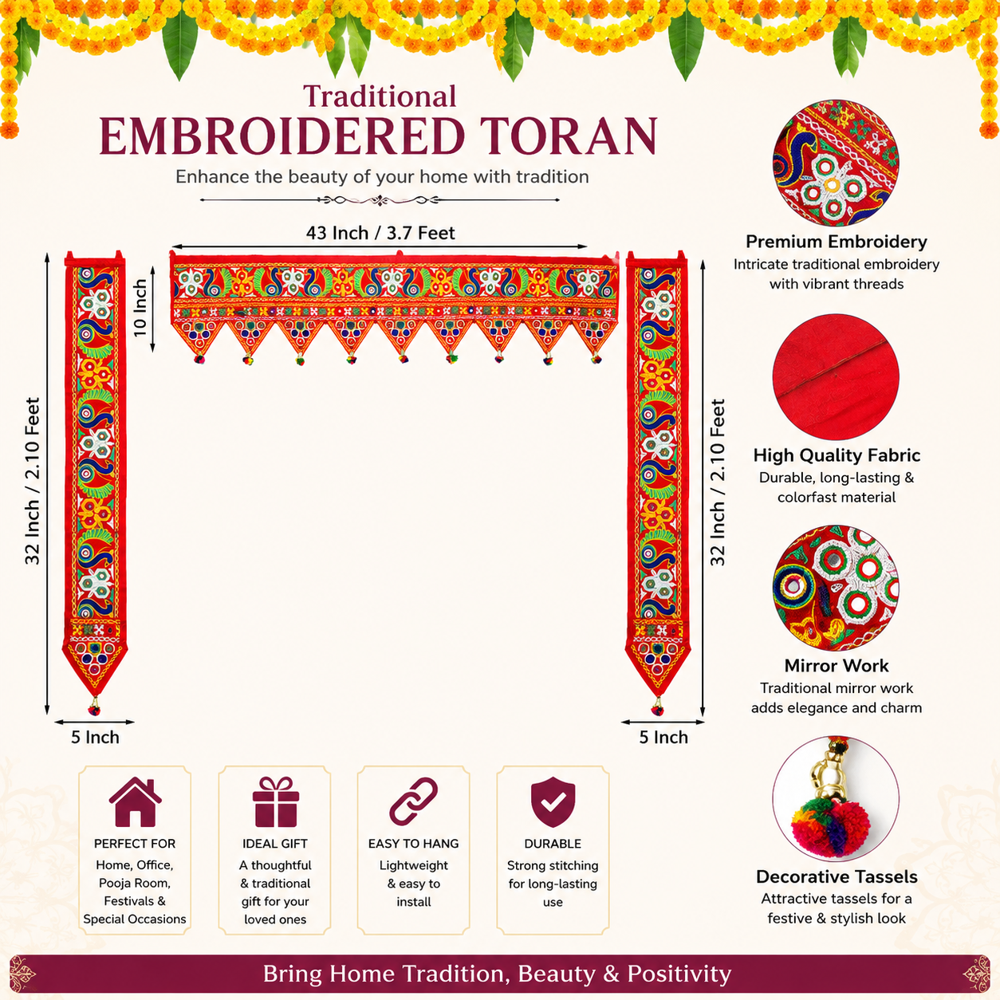 Krishna Handloom Temple Entrance Toran For Home Decoration E 16 - Color: Red