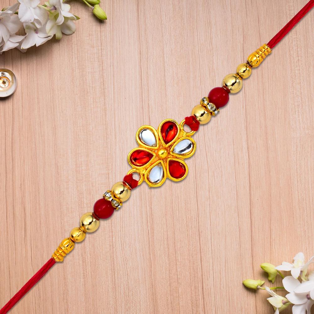 Red White Beaded Rakhi with Kundan Floral Centerpiece  Elegant Design