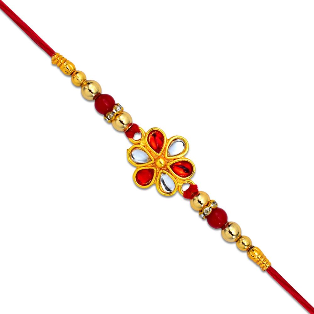 Red White Beaded Rakhi with Kundan Floral Centerpiece  Elegant Design