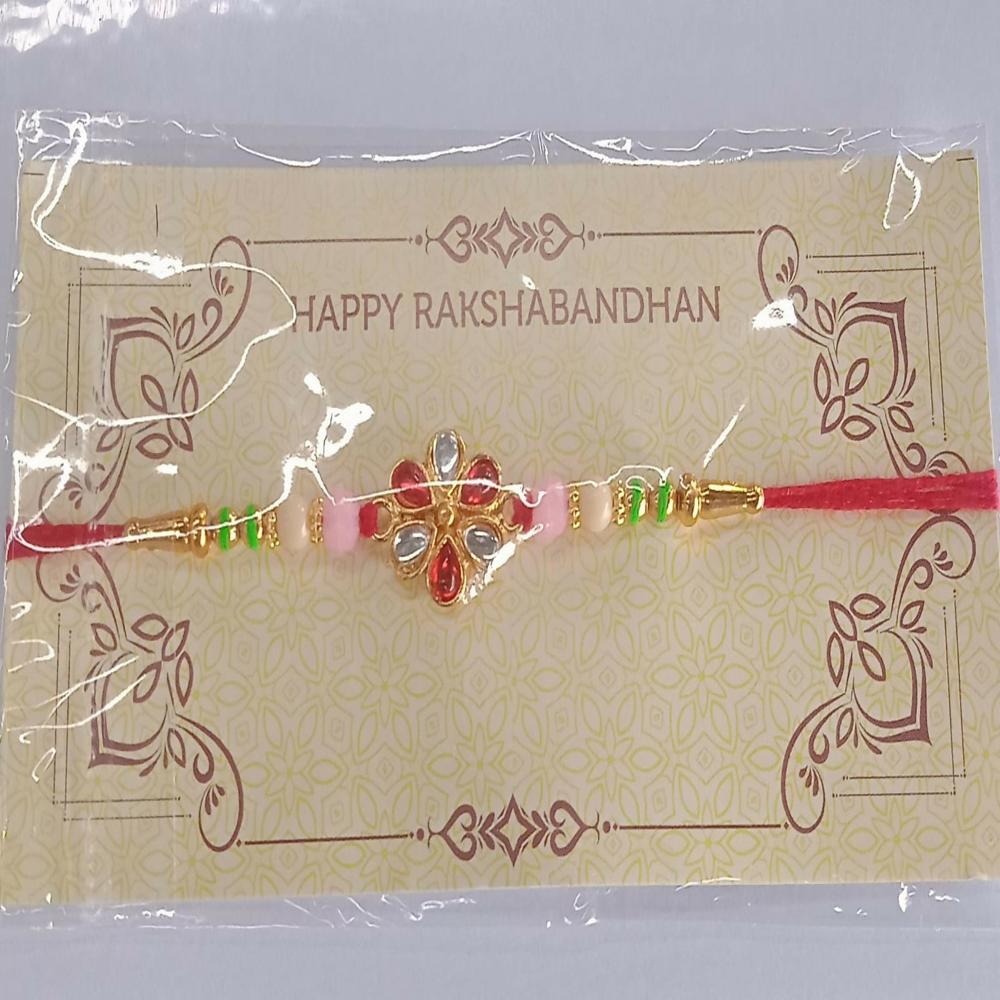 Red White Beaded Rakhi with Kundan Floral Centerpiece  Elegant Design