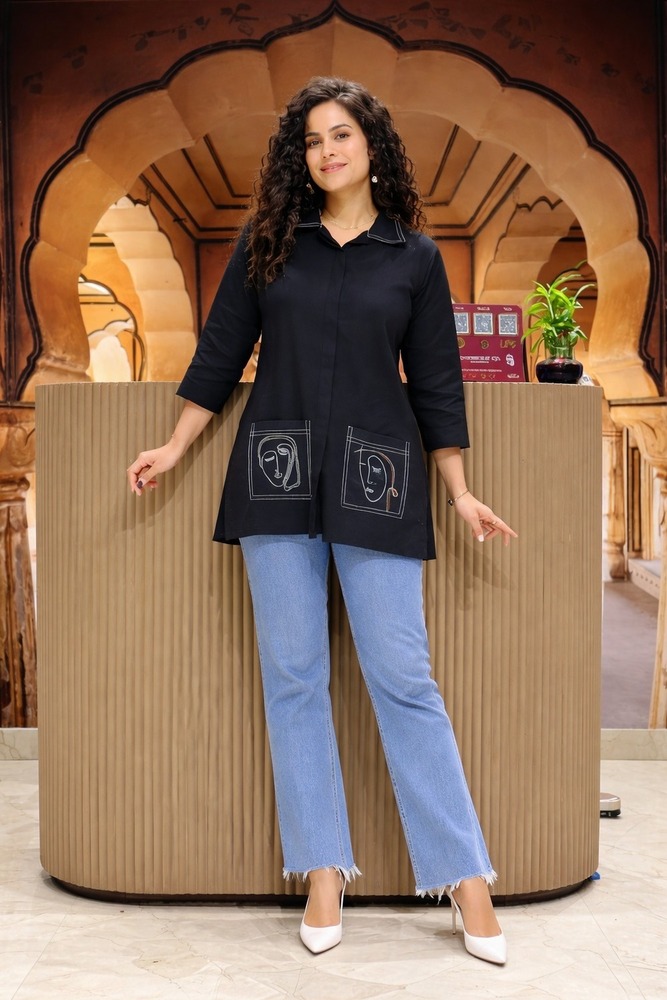 Black Color Reyon Embroidery Work Women Shirt