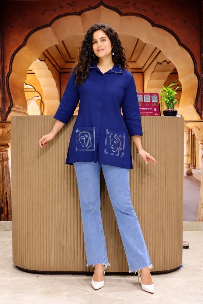 Blue Color Reyon Embroidery Work Women Shirt