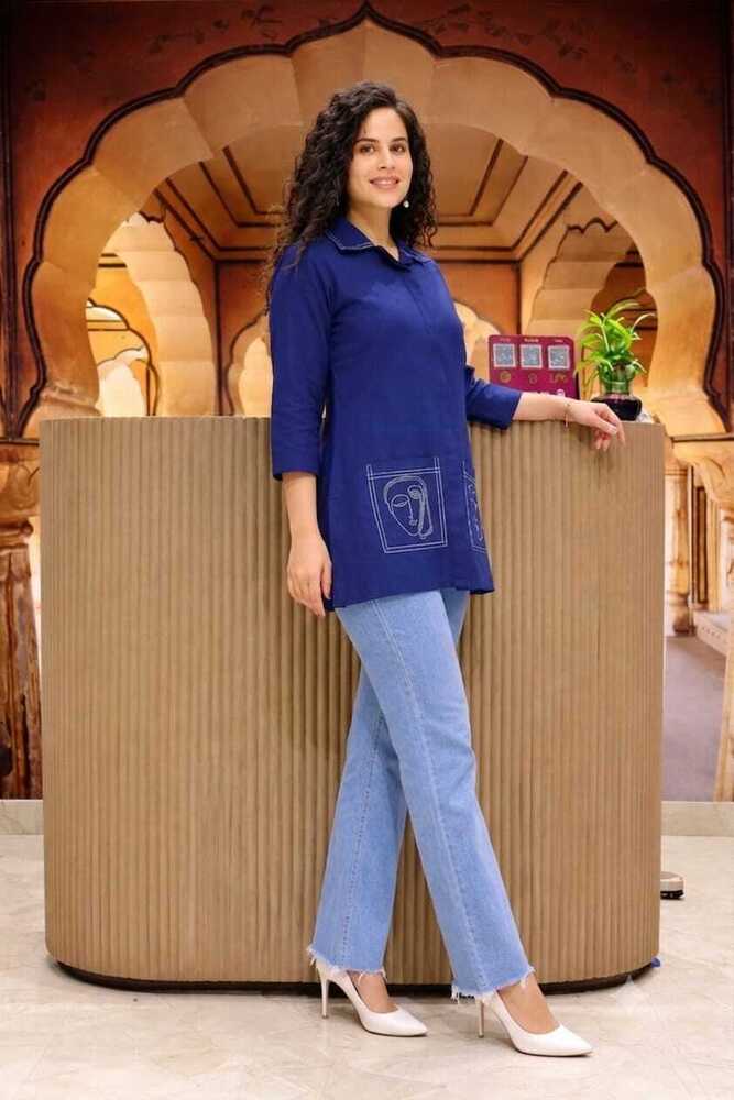 Blue Color Reyon Embroidery Work Women Shirt