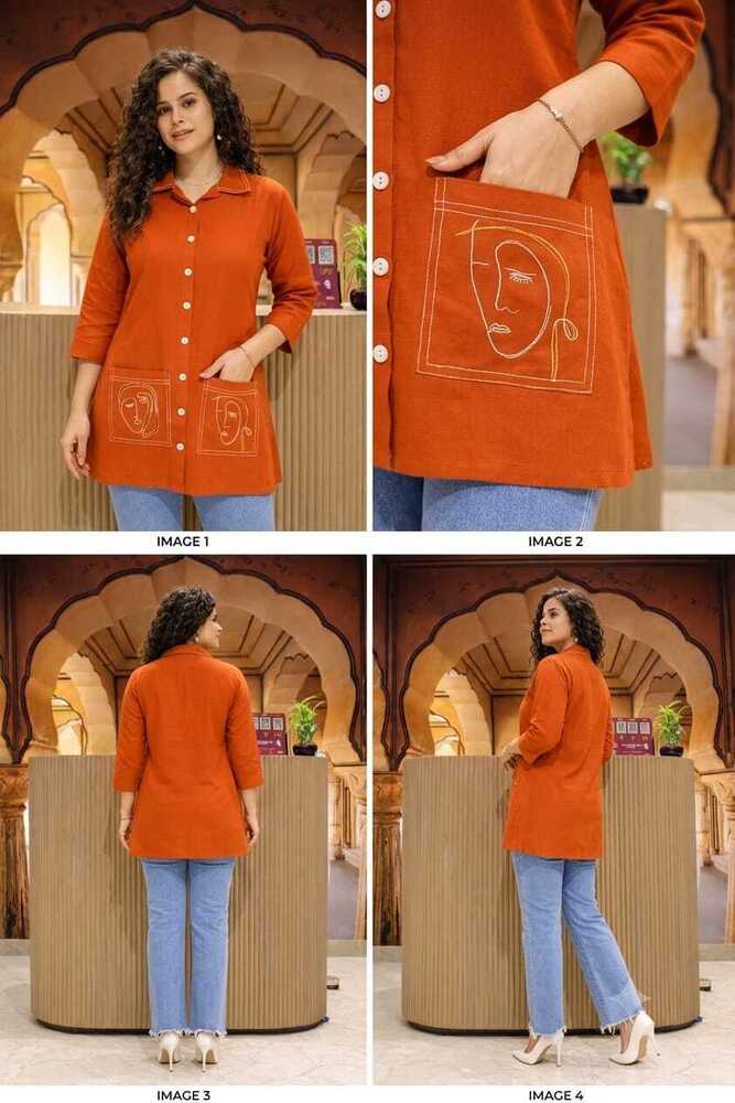 Orange Color Reyon Embroidery Work Women Shirt
