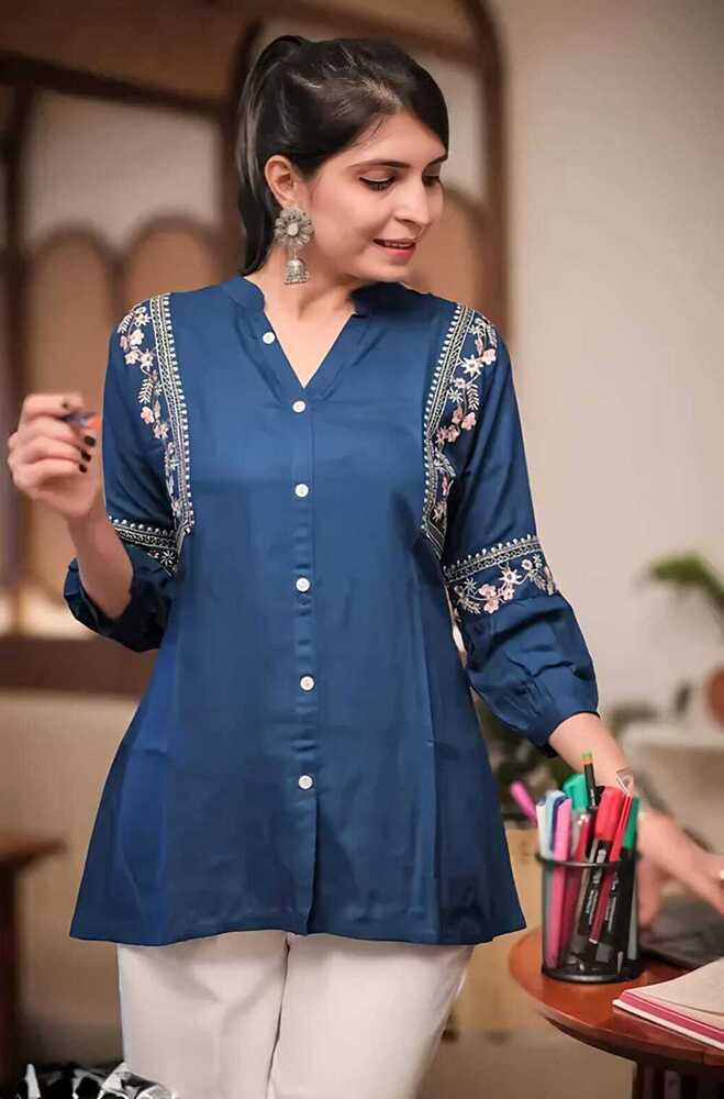 Blue Color Embroidery Work Women Shirt