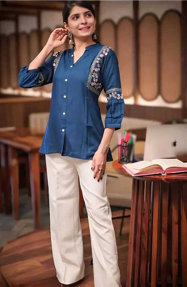 Blue Color Embroidery Work Women Shirt