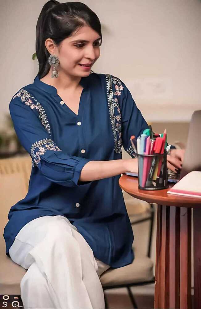 Blue Color Embroidery Work Women Shirt
