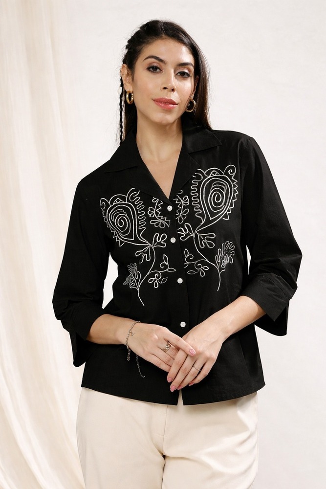 Ladies Black Color Reyon Embroidery Work Women Shirt
