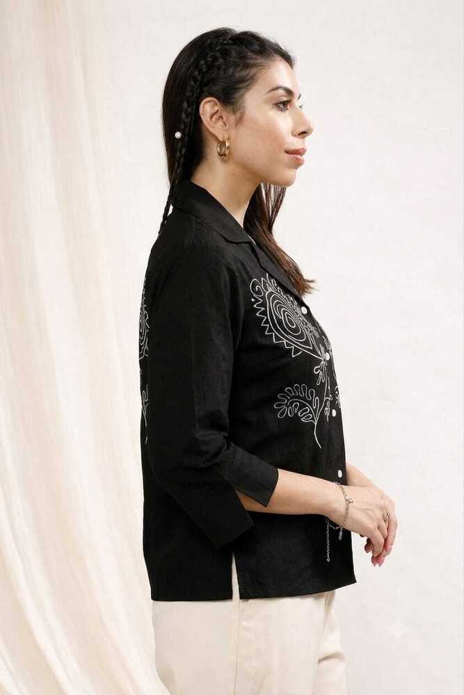 Ladies Black Color Reyon Embroidery Work Women Shirt