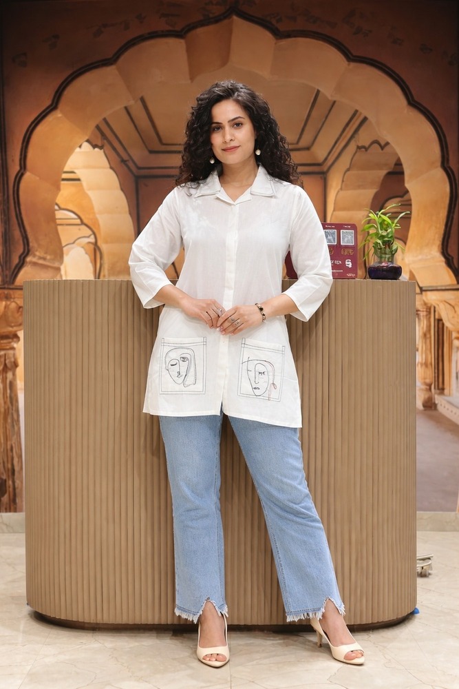 White Color Reyon Embroidery Work Women Shirt